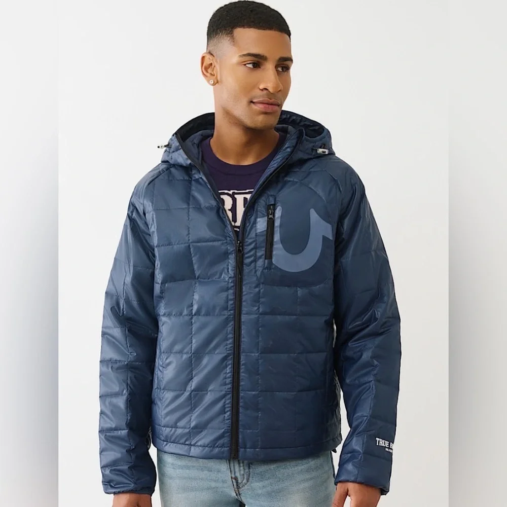 True Religion Men’s Geo Quilted Hooded Puffer Jacket Navy M